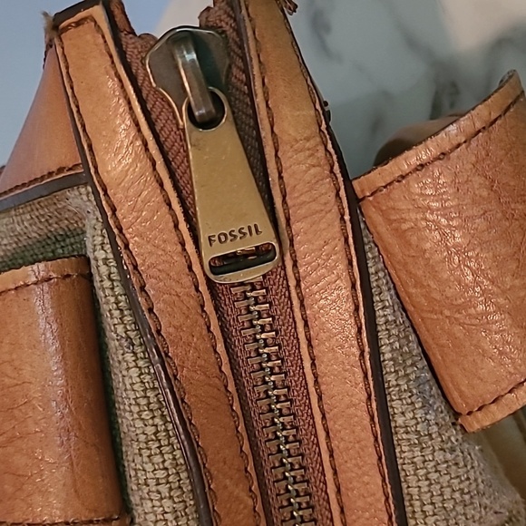 Fossil Vintage Revival Tan Leather Sage Canvas Top Handles Satchel Shoulder Bag - Picture 8 of 16